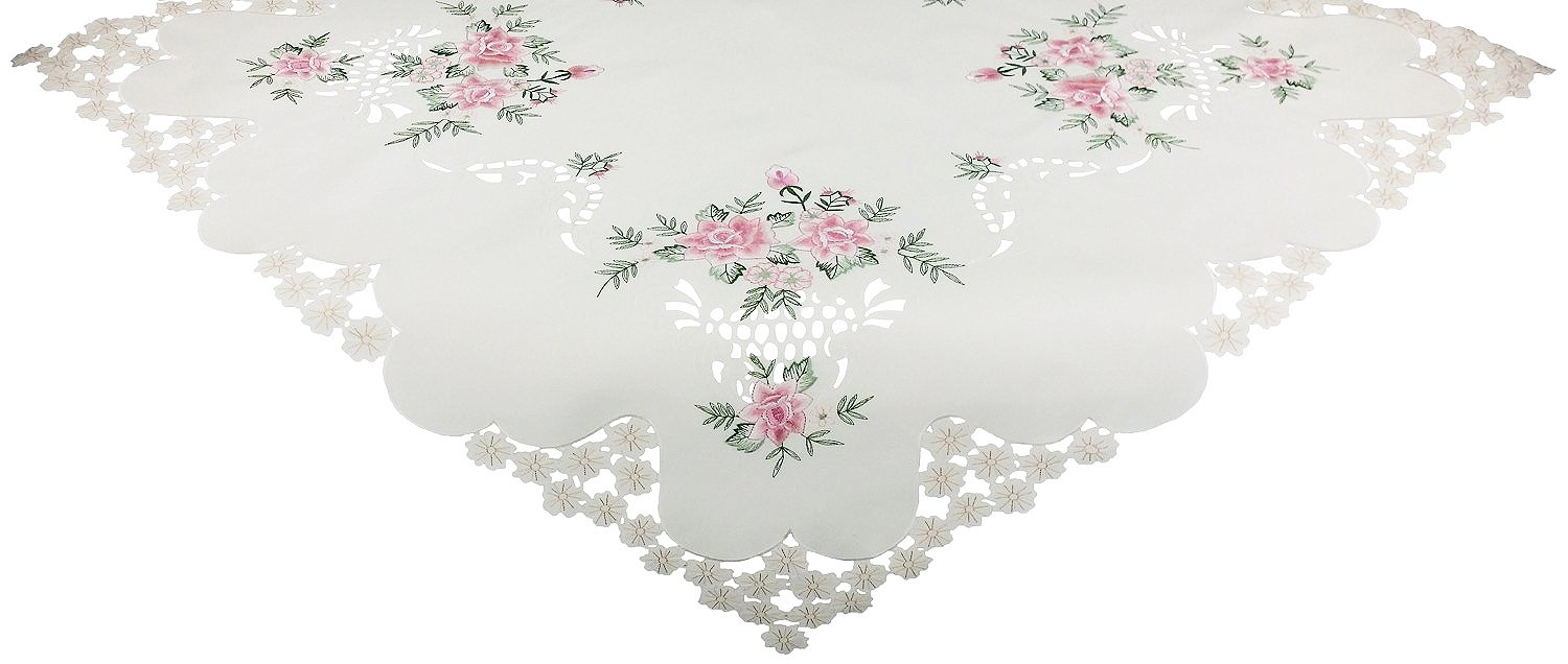 XD67009 Bloom Table Topper featuring embroidered pink roses on an off-white background, perfect for elegant dining settings.