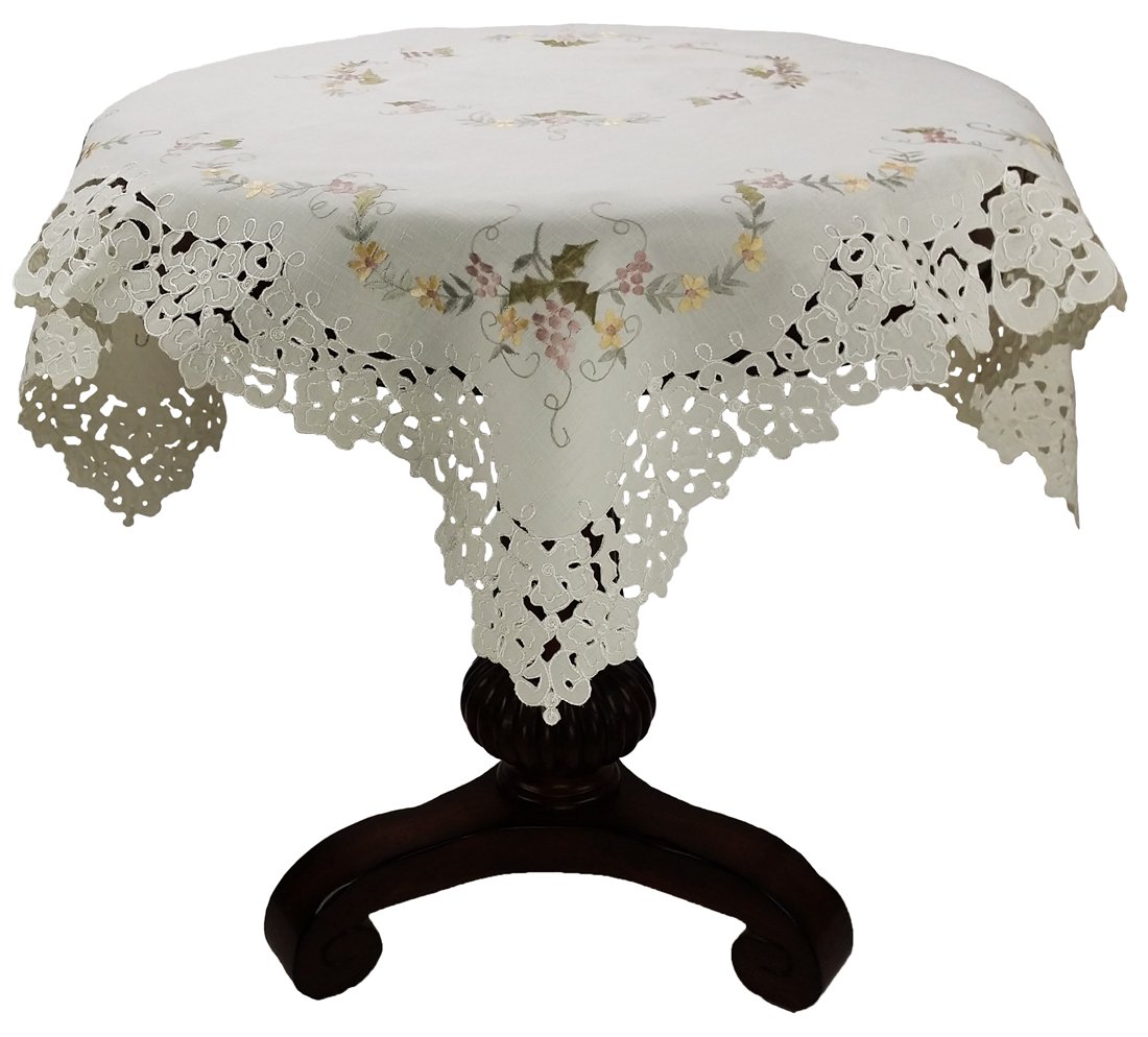 XD67570 Bordeaux Table Topper featuring an embroidered vine pattern and flower cutwork, elegantly displayed on a dining table.