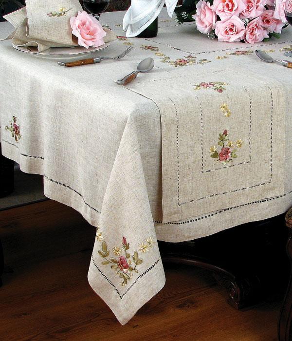 XD67803 Embroidery Rose Collection featuring elegant ribbon roses on natural linen, perfect for enhancing dining settings.