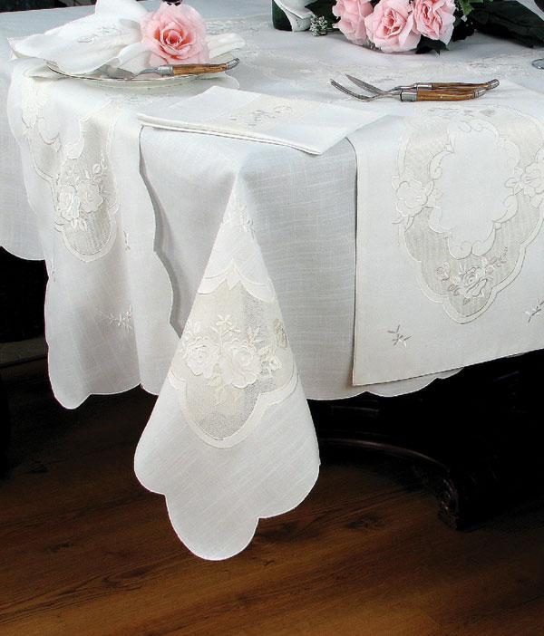 XD67805 Victorian Rose Collection featuring elegant flower embroidery and hand-rendered cutwork on table linens.