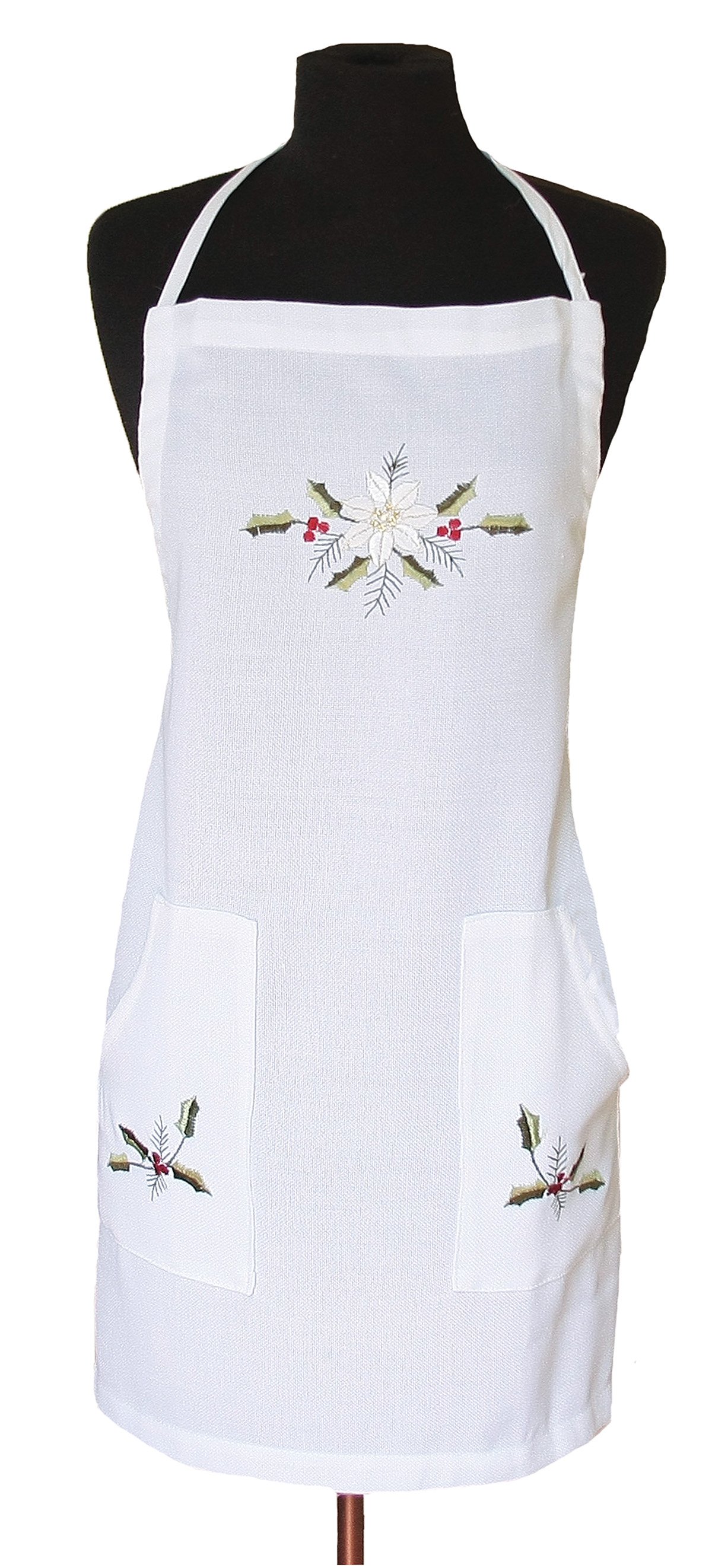 XD68036 Country Poinsettia Apron featuring intricate embroidery of poinsettias and holly, perfect for holiday cooking.