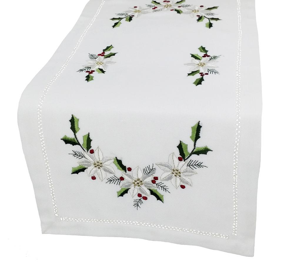 XD68036 Country Poinsettia Table Runner featuring intricate embroidery of poinsettias and holly on a rich fabric background.