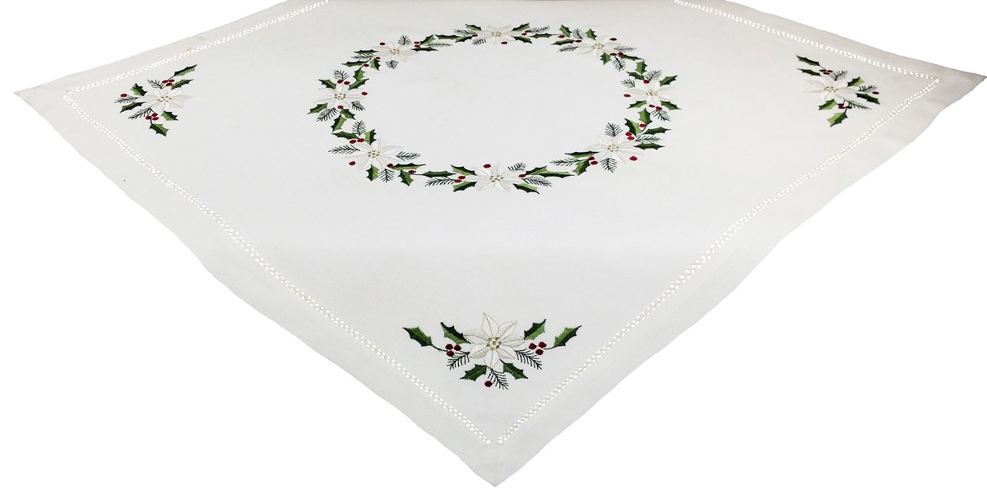 XD68036 Country Poinsettia Table Topper featuring intricate embroidery of poinsettias and holly, perfect for Christmas decor.