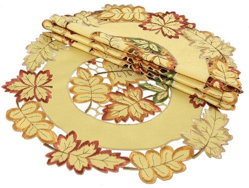 Set of 4 XD75018 Bountiful Leaf Doilies featuring intricate autumn leaf embroidery in rich harvest colors, perfect for fall decor.