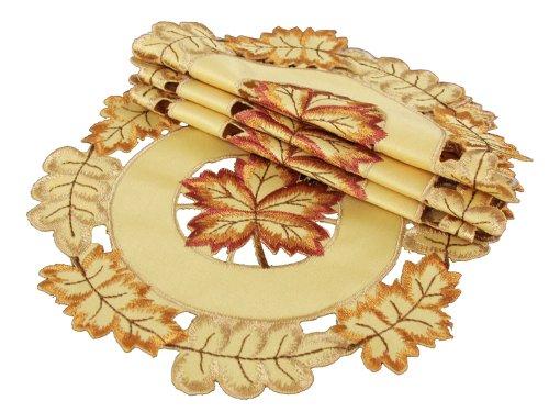 Set of 4 XD75018 Bountiful Leaf Doilies featuring intricate autumn leaf embroidery in rich harvest colors, perfect for fall decor.