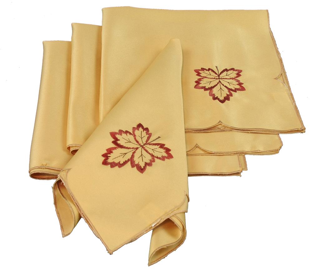 Set of 4 XD75018 Bountiful Leaf Napkins featuring intricate autumn leaf embroidery in rich harvest colors.