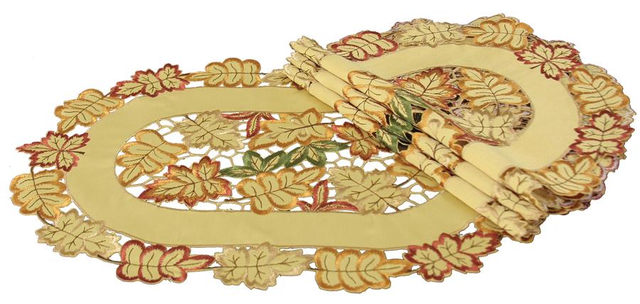 Set of 4 XD75018 Bountiful Leaf Placemats featuring intricate autumn leaf embroidery in rich harvest colors, perfect for seasonal dining.