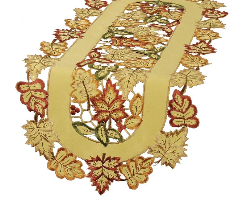 XD75018 Bountiful Leaf Table Runner featuring intricate autumn leaf embroidery in rich colors, perfect for harvest season decor.