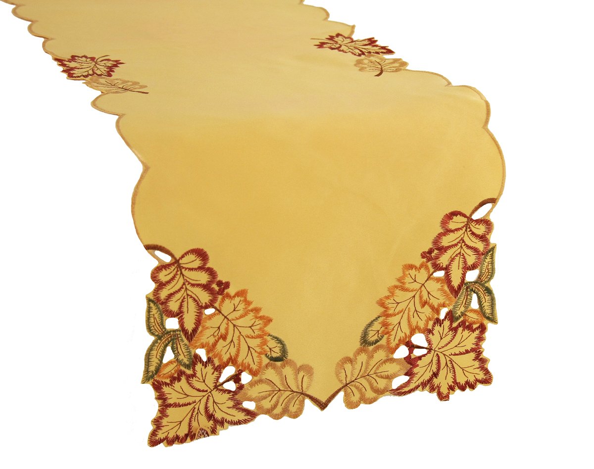 XD75018 Bountiful Leaf Table Runner featuring intricate autumn leaf embroidery in rich colors, perfect for harvest season decor.