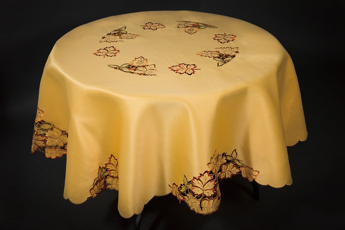 XD75018 Bountiful Leaf Tablecloth featuring intricate autumn leaf embroidery in rich colors, perfect for harvest season gatherings.