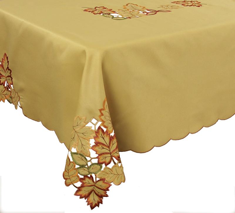 XD75018 Bountiful Leaf Tablecloth featuring intricate autumn leaf embroidery in rich colors, perfect for harvest season gatherings.