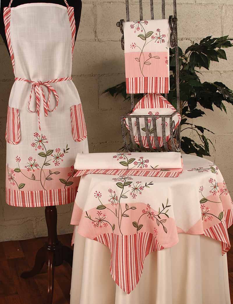 XD755002 Whimsy Collection table linens featuring cheerful floral embroidery and colorful stripes, perfect for spring and summer settings.