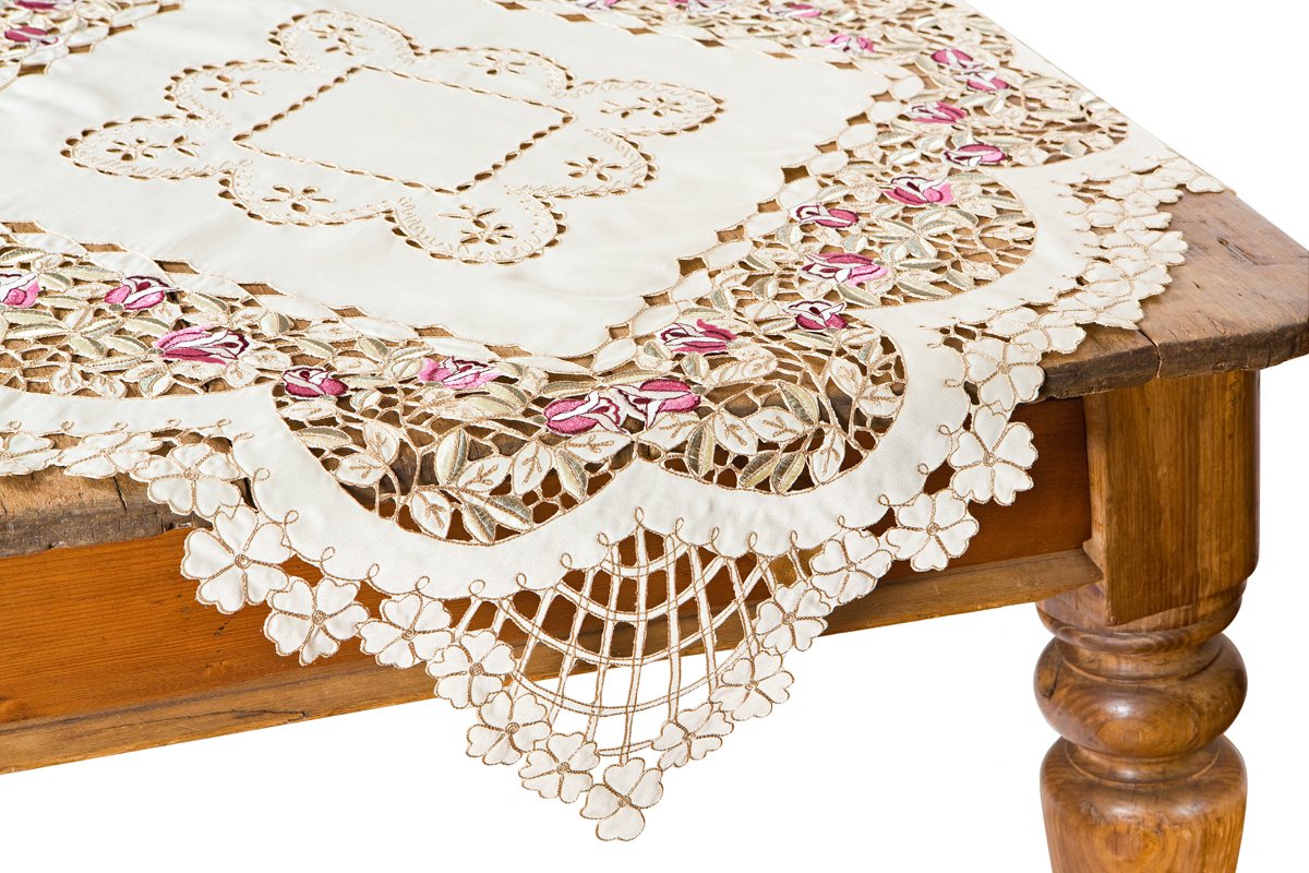 XD766001 Rose Garden Table Topper featuring elegant rose embroidery and cutwork design, perfect for enhancing dining decor.