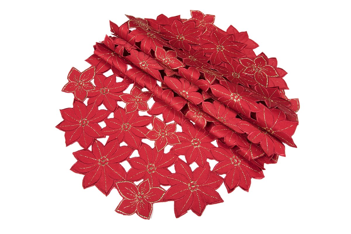 Set of 4 XD795022 Festive Poinsettia Doilies featuring intricate embroidery and cutwork, perfect for Christmas table decor.