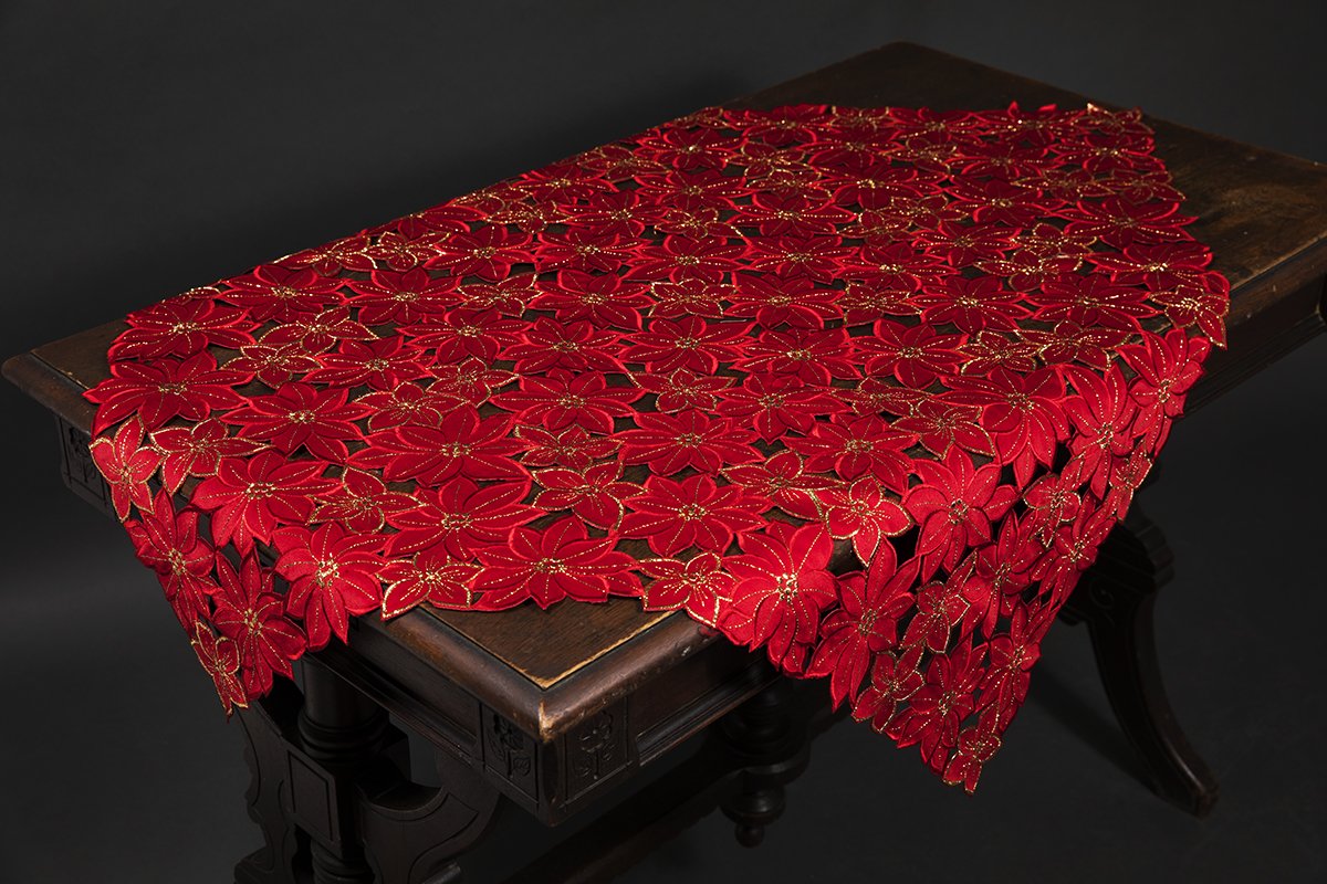 XD795022 Festive Poinsettia Table Topper featuring intricate embroidery and cutwork, perfect for Christmas decor.