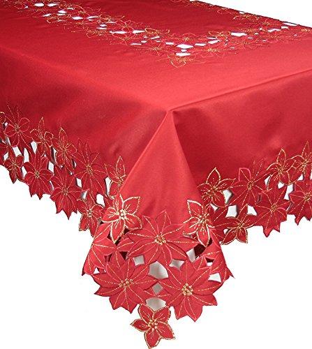 XD795022 Festive Poinsettia Tablecloth featuring intricate embroidery and cutwork with festive poinsettia designs.