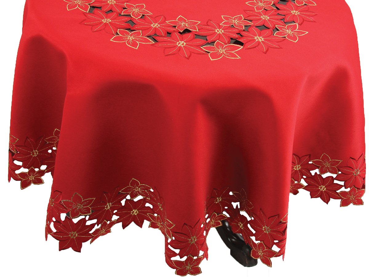 XD795022 Festive Poinsettia Tablecloth featuring intricate embroidery and cutwork with festive poinsettia designs.