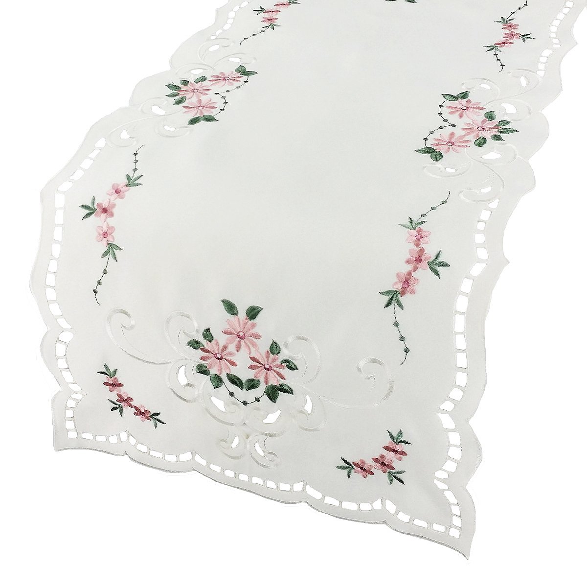 XD80506 Daisy Collection Table Runner featuring delicate embroidered daisies on a clean background, perfect for spring and summer dining.