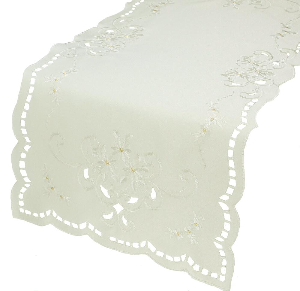 XD80506 Daisy Collection Table Runner featuring delicate embroidered daisies on a clean background, perfect for spring and summer dining.