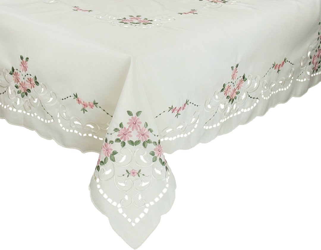 XD80506 Daisy Collection Tablecloth featuring delicate embroidered daisies on a clean white background, perfect for elegant dining.