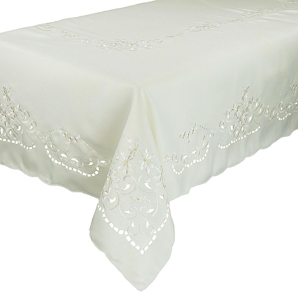 XD80506 Daisy Collection Tablecloth featuring delicate embroidered daisies on a clean white background, perfect for elegant dining.