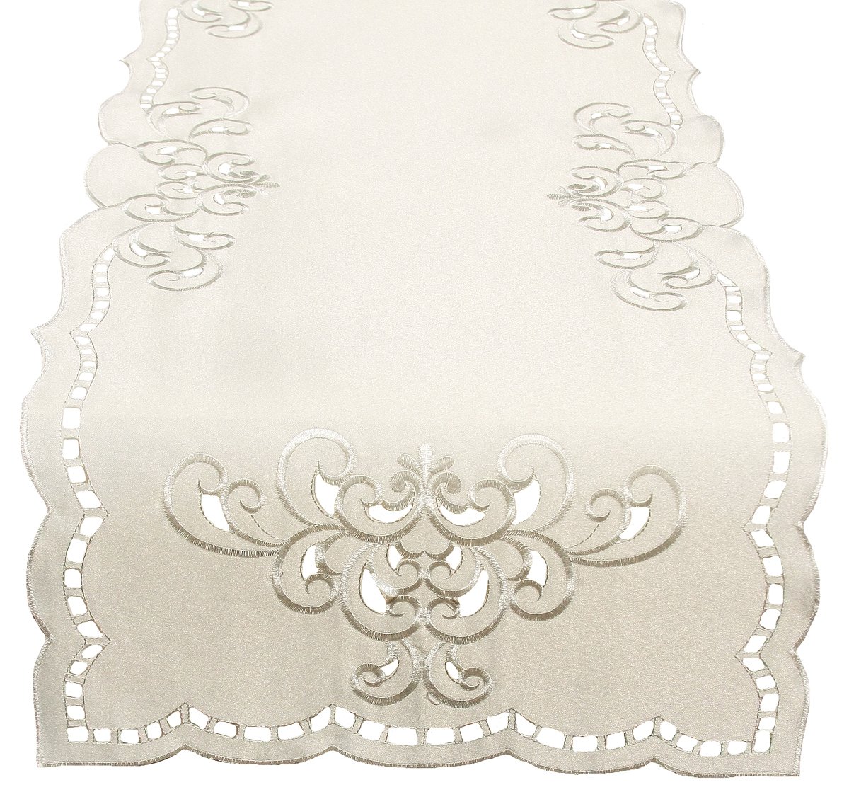 XD80506A Hampton Table Runner featuring elegant cutwork and intricate embroidery in white or ivory, perfect for dining decor.