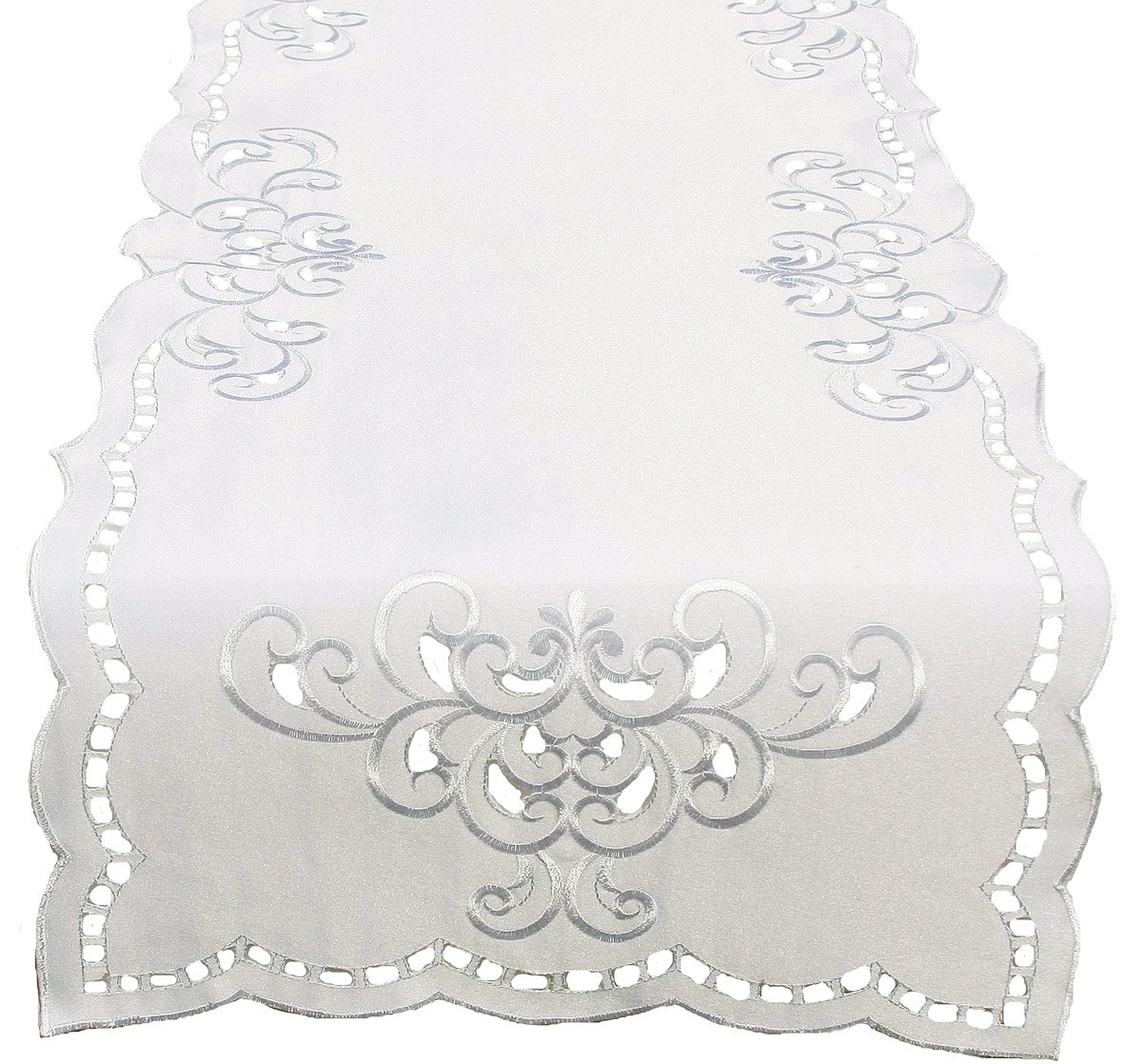 XD80506A Hampton Table Runner featuring elegant cutwork and intricate embroidery in white or ivory, perfect for dining decor.