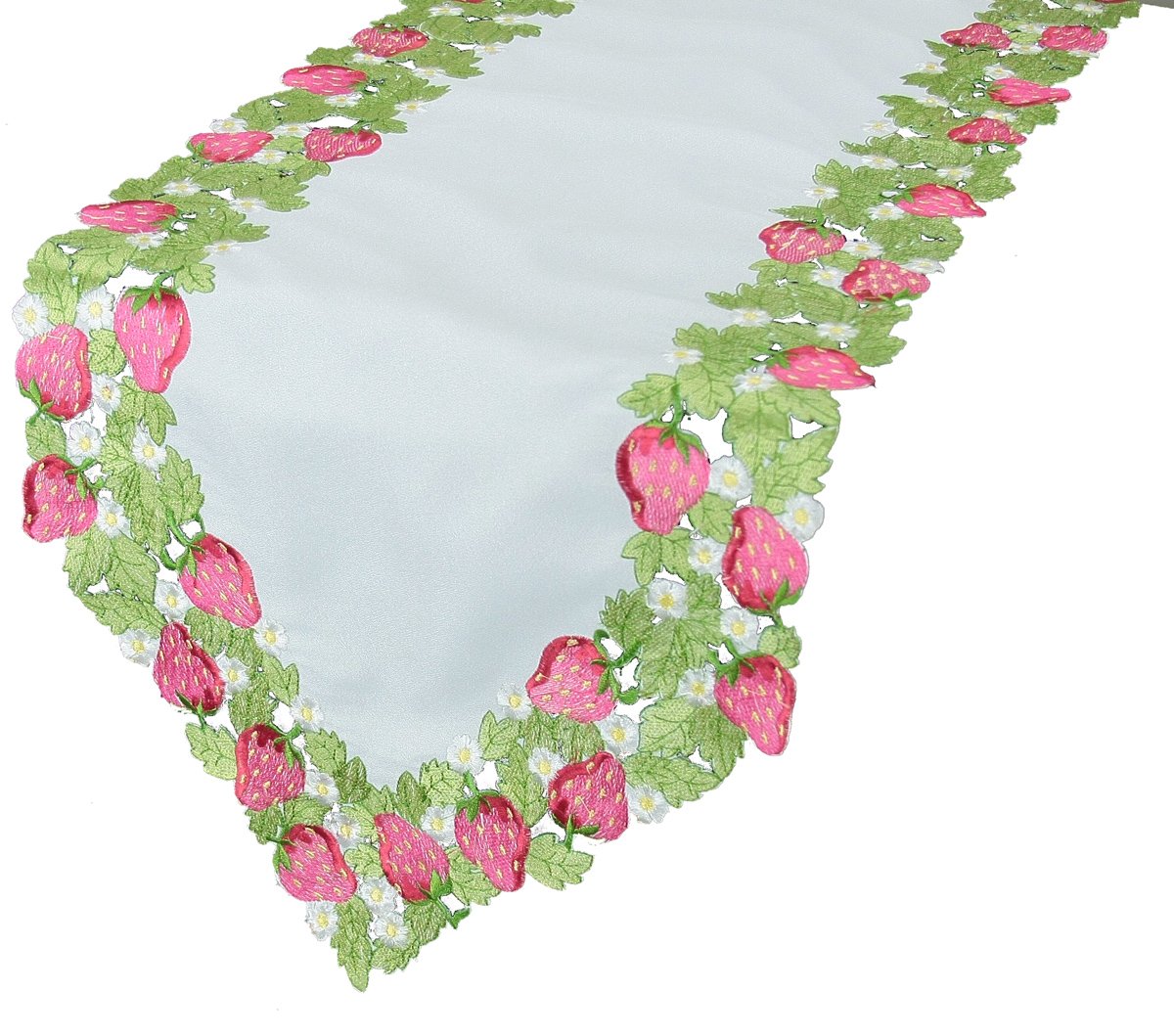 XD8172 Strawberry Patch Table Runner featuring embroidered strawberries and intricate cutwork design, perfect for spring and summer dining.