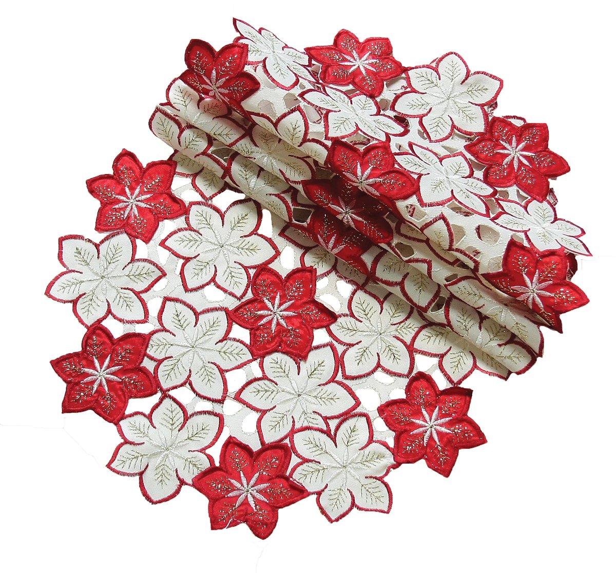 Set of 4 XD99022 Candy Cane Poinsettia Doilies featuring intricate embroidery and golden accents, perfect for Christmas decor.