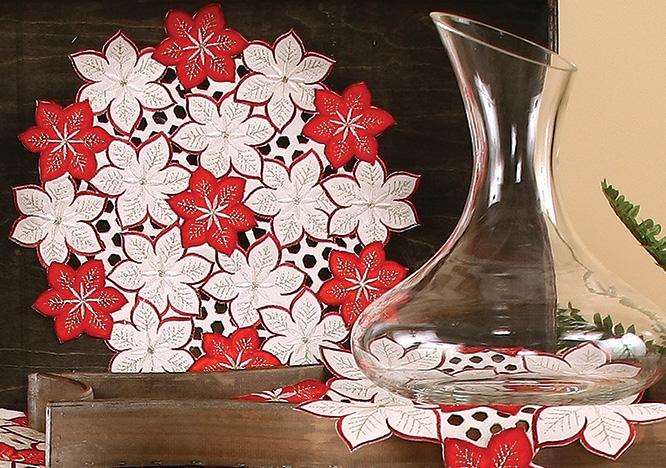 Set of 4 XD99022 Candy Cane Poinsettia Doilies featuring intricate embroidery and golden accents, perfect for Christmas decor.