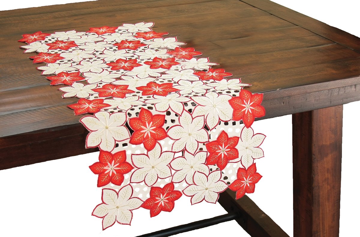 XD99022 Candy Cane Poinsettia Table Runner featuring vibrant poinsettia embroidery and golden accents, perfect for Christmas decor.