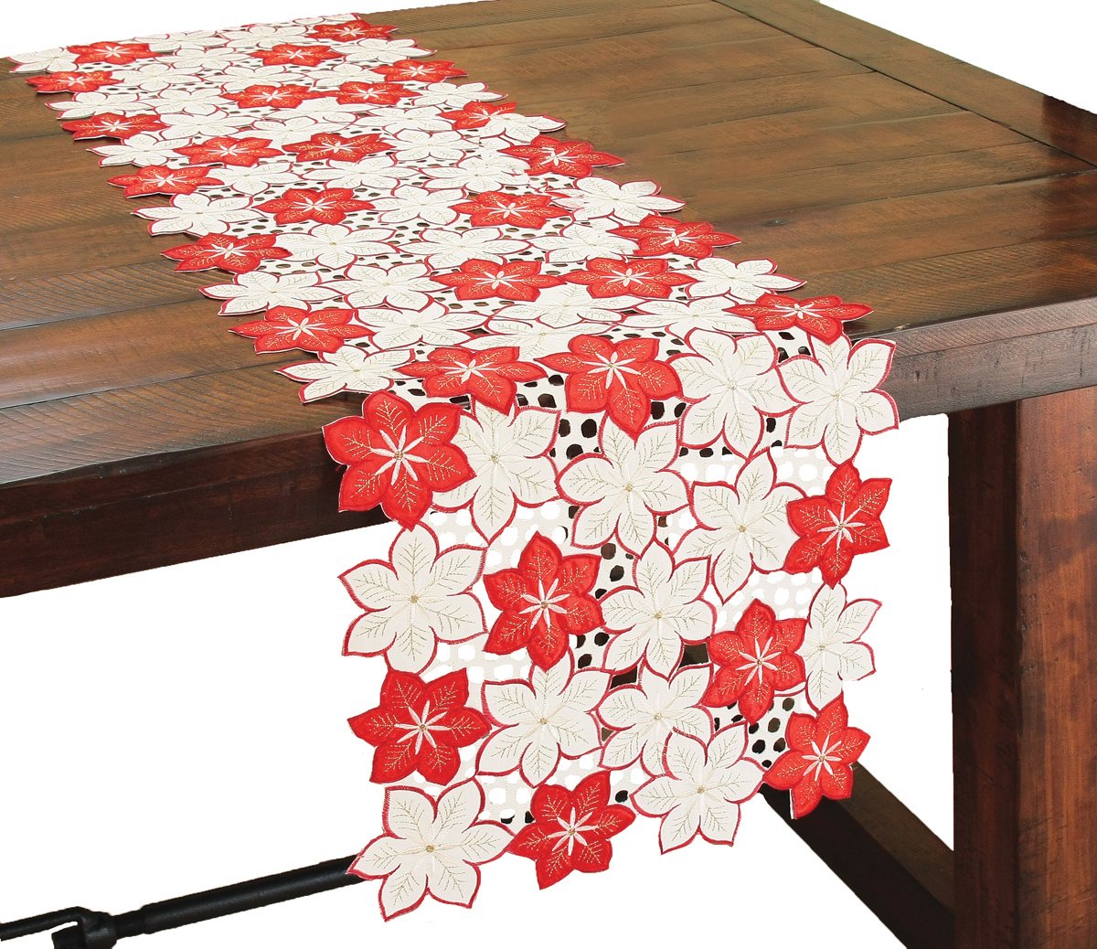 XD99022 Candy Cane Poinsettia Table Runner featuring vibrant poinsettia embroidery and golden accents, perfect for Christmas decor.