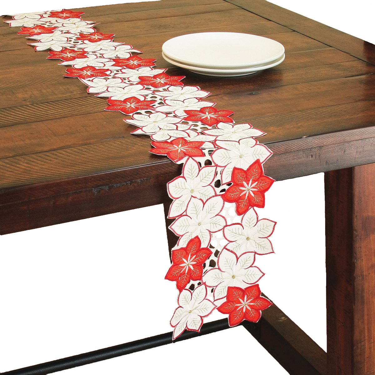 XD99022 Candy Cane Poinsettia Table Runner featuring vibrant poinsettia embroidery and golden accents, perfect for Christmas decor.