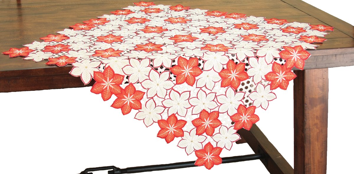 XD99022 Candy Cane Poinsettia Table Topper featuring vibrant poinsettia embroidery and golden accents, perfect for Christmas decor.