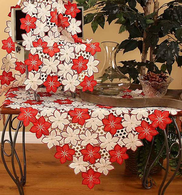 XD99022 Candy Cane Poinsettia Table Topper featuring vibrant poinsettia embroidery and golden accents, perfect for Christmas decor.