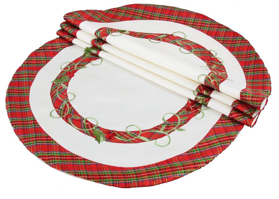 Set of 4 XD99904 Tartan Ribbon Doilies featuring red and green plaid design with holly leaf embroidery, perfect for Christmas decor.