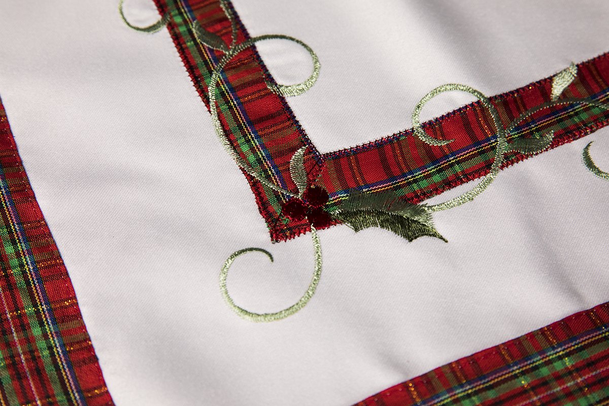 XD99904 Tartan Ribbon Table Topper featuring holly leaf embroidery and red/green plaid design, perfect for Christmas decor.