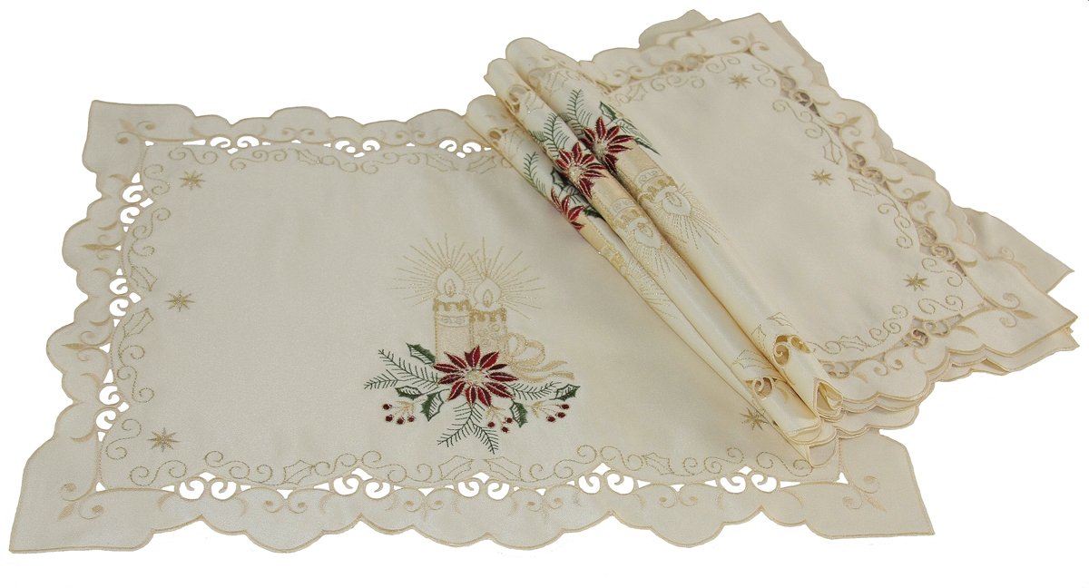 Set of 4 XD99911 Golden Glow Placemats featuring Christmas candle embroidery and golden lycra accents, perfect for holiday dining.