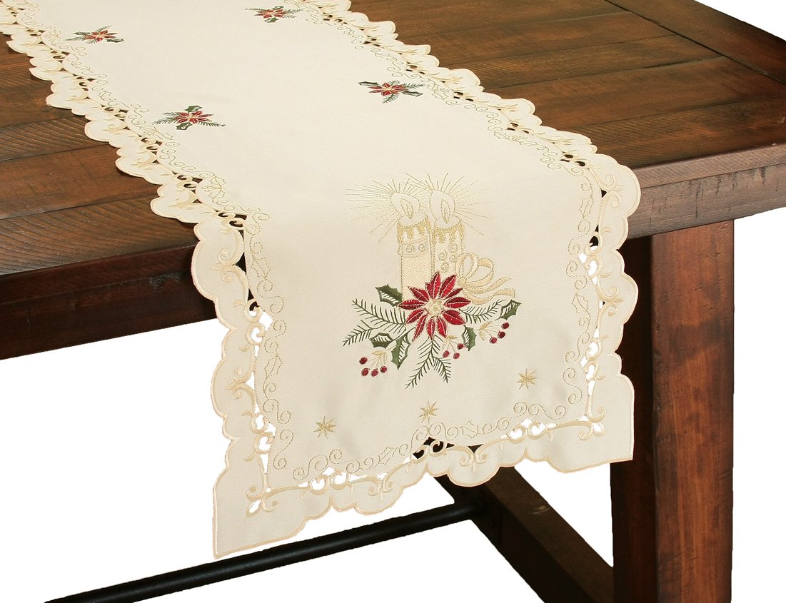 XD99911 Golden Glow Table Runner featuring intricate Christmas candle embroidery and golden lycra accents, perfect for holiday decor.