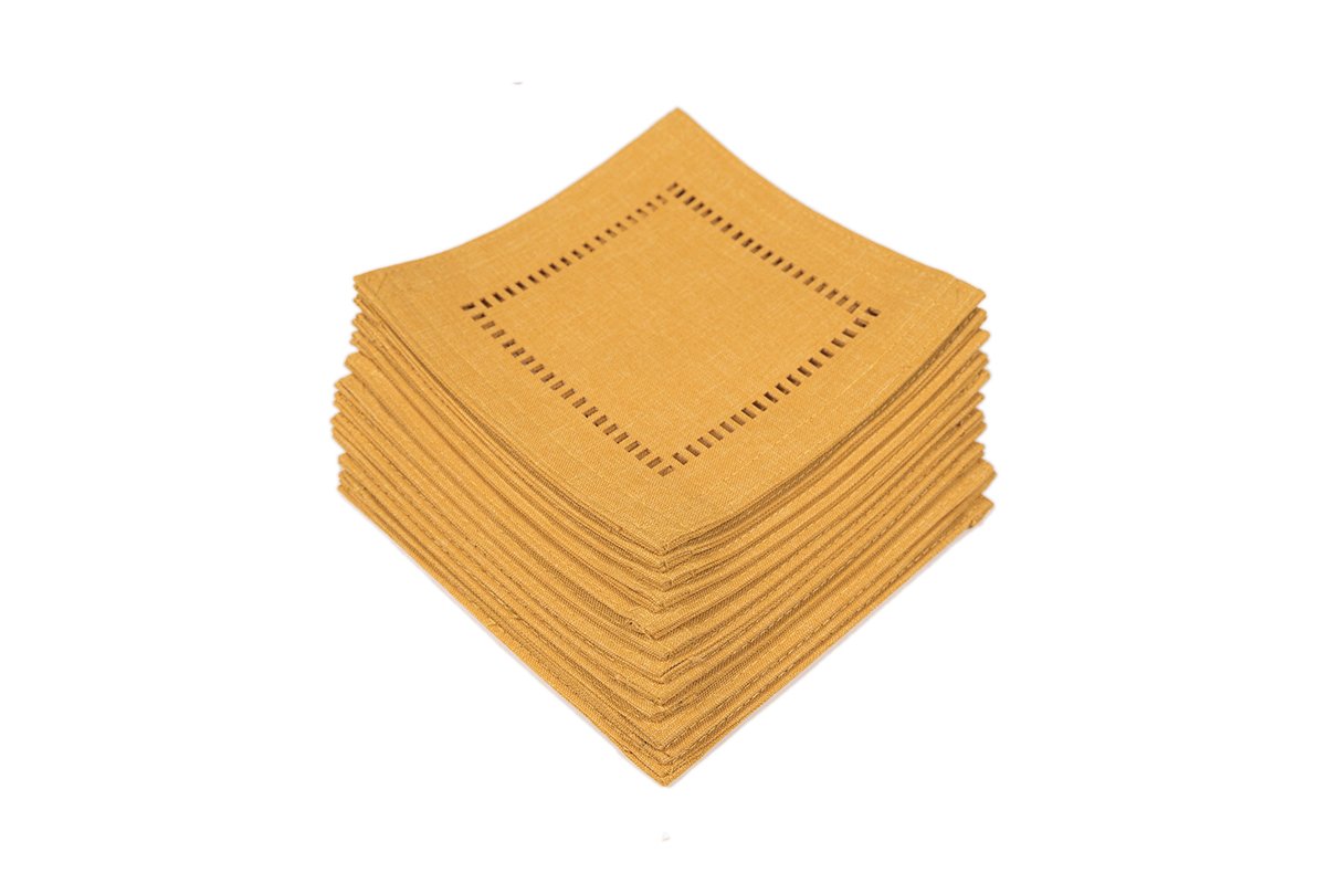 Set of 12 XD915918 Melrose Hemstitch Coasters in various colors, showcasing intricate hemstitch trim detail.