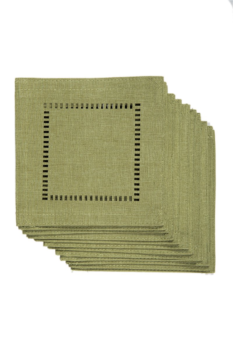 Set of 12 XD915918 Melrose Hemstitch Coasters in various colors, showcasing intricate hemstitch trim detail.