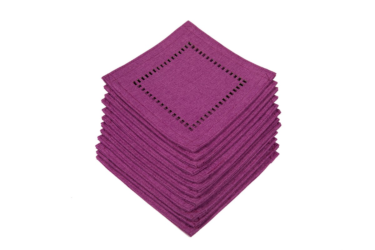 Set of 12 XD915918 Melrose Hemstitch Coasters in various colors, showcasing intricate hemstitch trim detail.