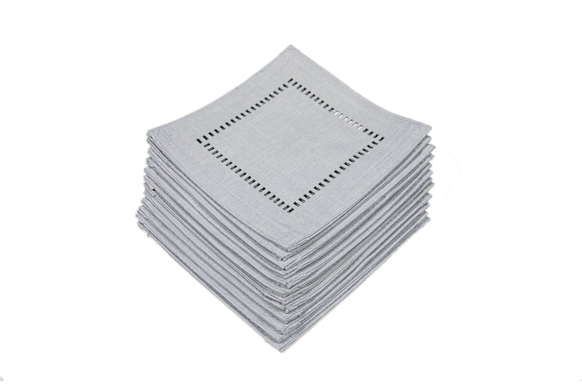 Set of 12 XD915918 Melrose Hemstitch Coasters in various colors, showcasing intricate hemstitch trim detail.