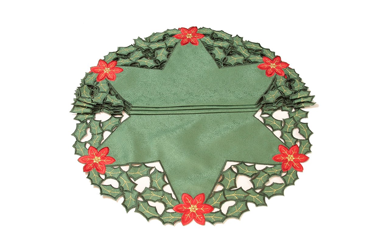 Set of 4 XD93248 Holly Leaf Poinsettia Doilies featuring intricate embroidery of holly leaves and poinsettias in traditional Christmas colors.