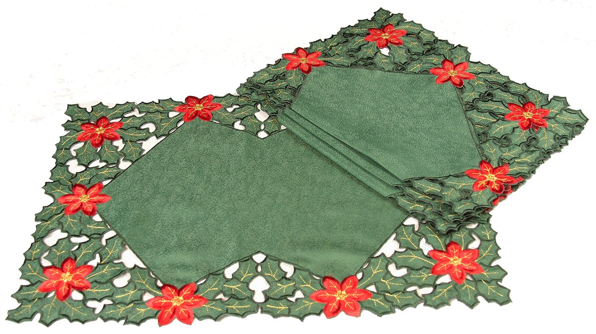 Set of 4 XD93248 Holly Leaf Poinsettia Placemats featuring intricate embroidery of holly leaves and poinsettias in traditional Christmas colors.