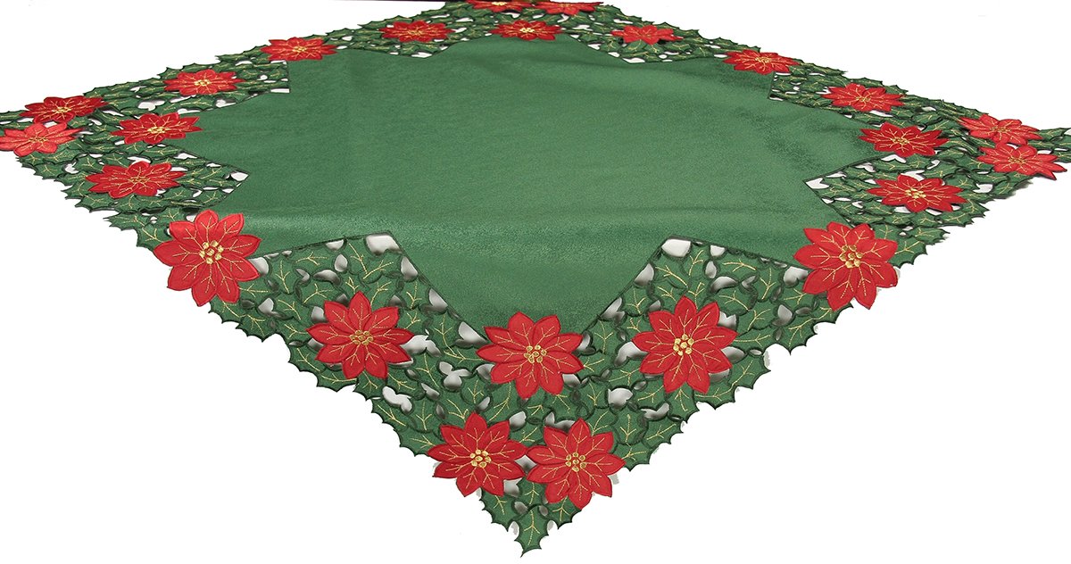 XD93248 Holly Leaf Poinsettia Table Topper featuring red poinsettias and green holly leaves, perfect for Christmas table settings.