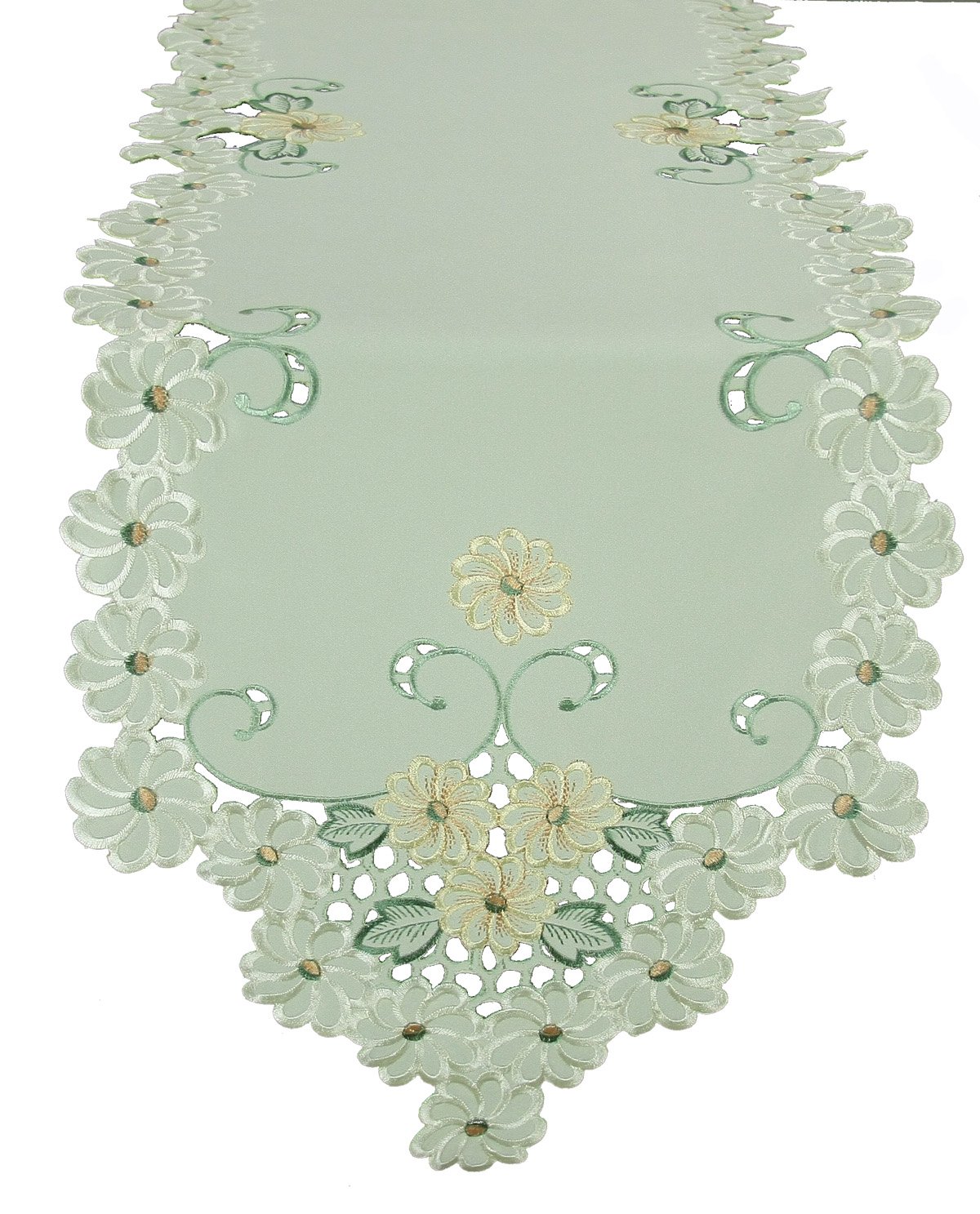 Emerald Daisy Table Runner featuring embroidered daisies on a vibrant emerald background, perfect for enhancing dining decor.