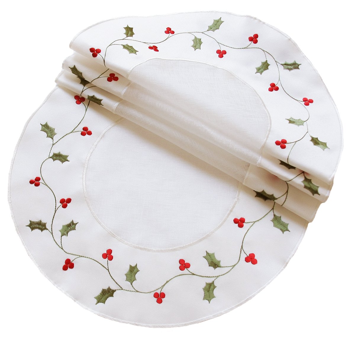 Set of 4 Classic Holly Doilies featuring embroidered holly leaves and berries, perfect for Christmas decor.