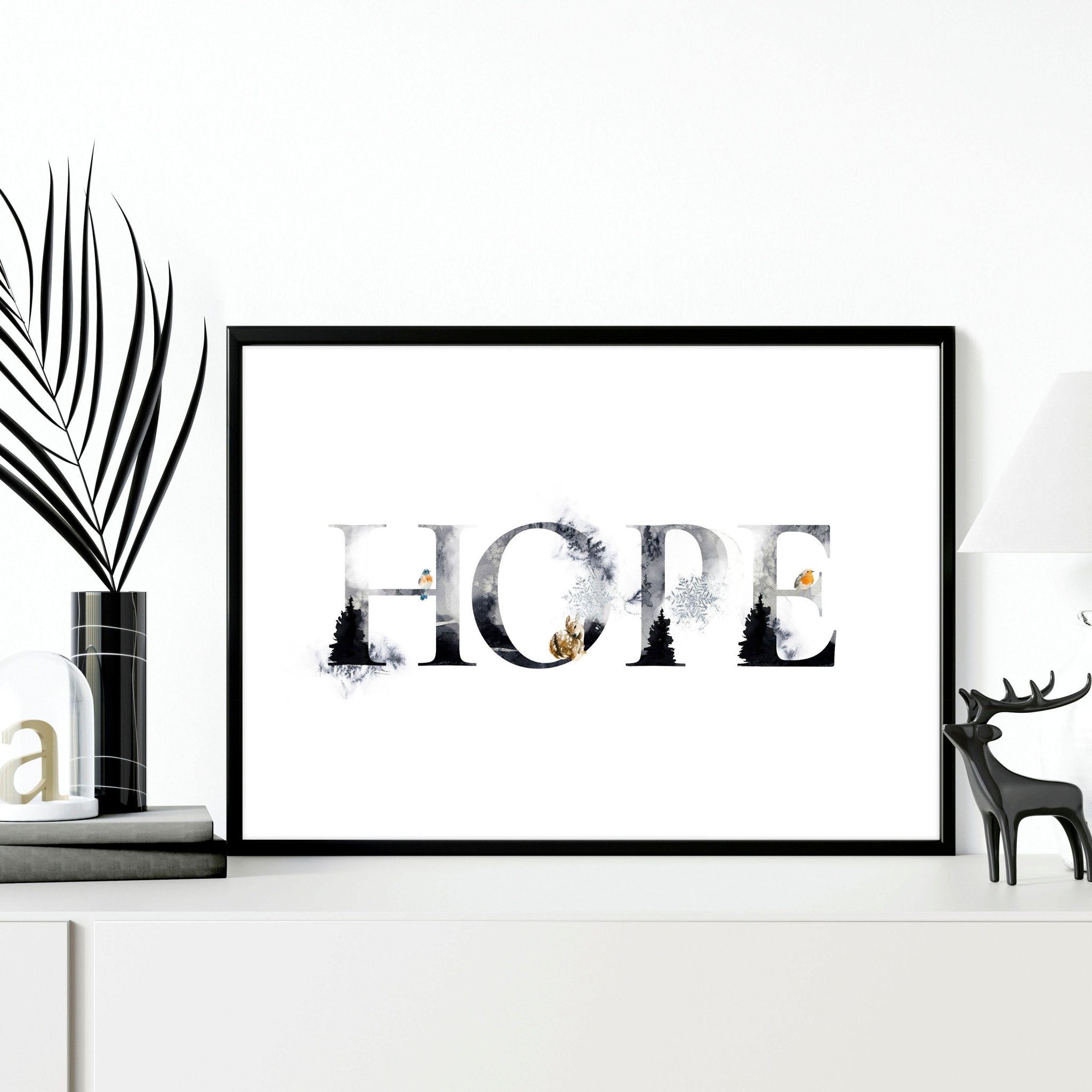 Hope Wall Art Print featuring Scandinavian design with grayscale and golden accents, perfect for Christmas decor.