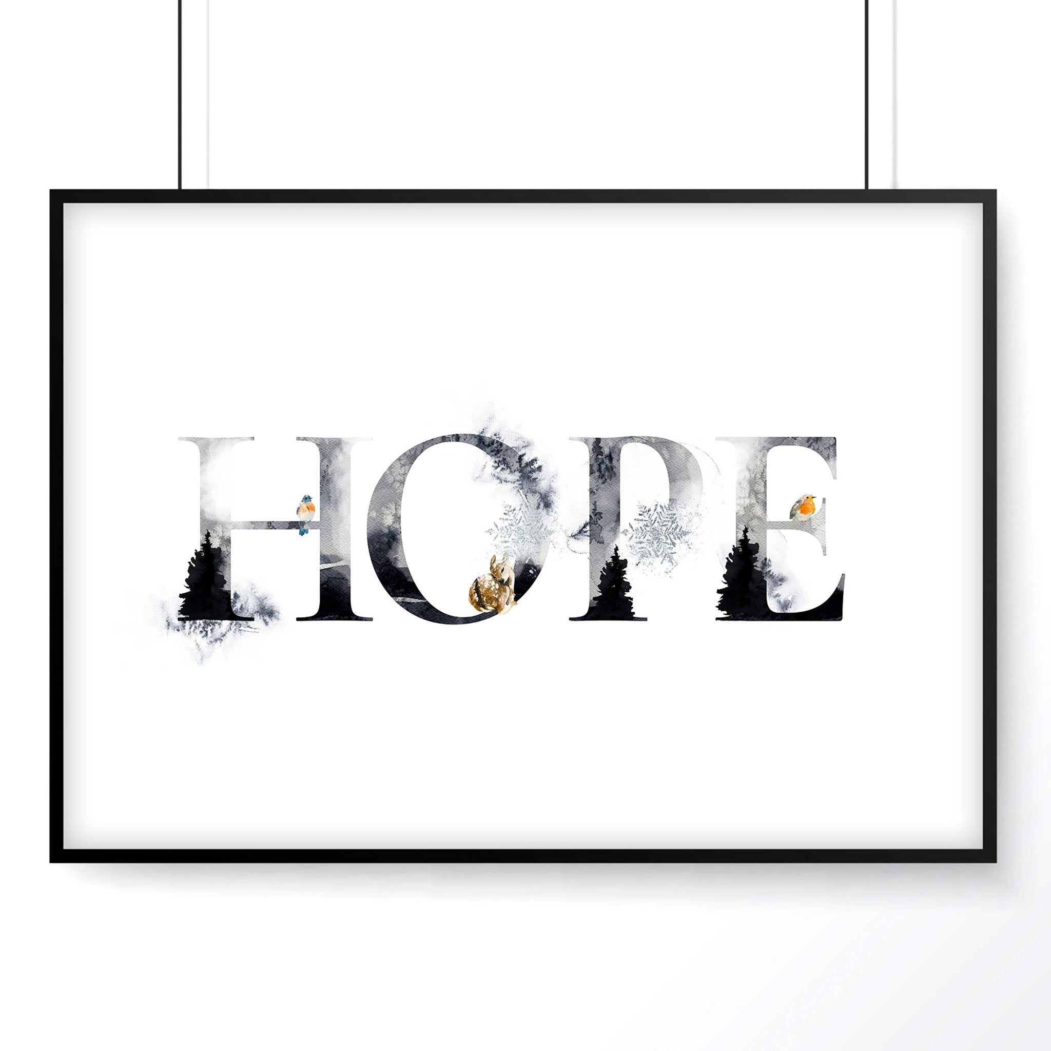 Hope Wall Art Print featuring Scandinavian design with grayscale and golden accents, perfect for Christmas decor.